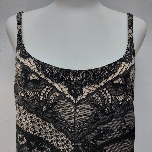 Cabi Lace Print Tank Top Women's Medium Black Tan Chevron Spaghetti Strap - Picture 5 of 8